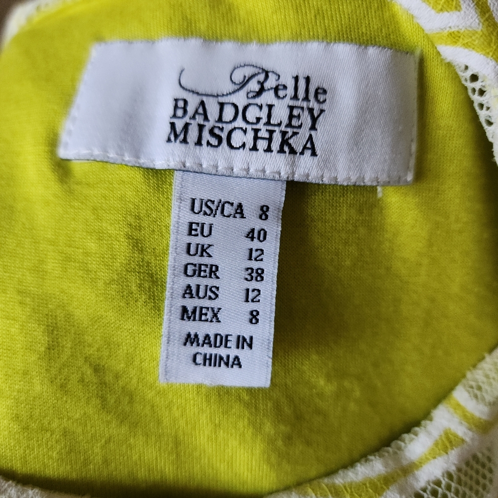 Badgley Mischka Lime White Lace Floral Embroidered Sheath Dress Size 8 - Picture 9 of 14